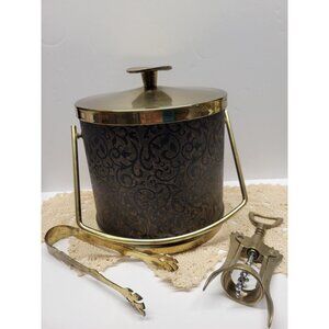 Brass Bar Serving Set- MCM Vintage Ice Bucket, Tongs & Corkscrew Serv-Master